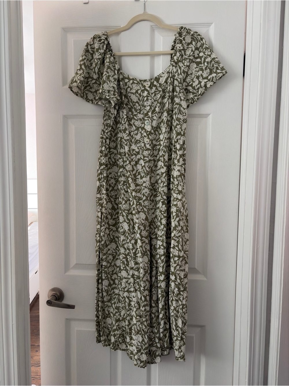 Luxology Olive Green Floral Jumpsuit with Puff Sleeves